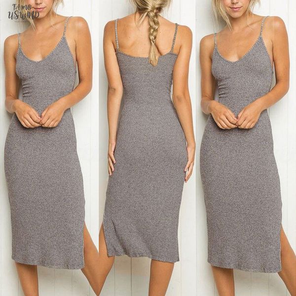 

dress women vestidos ropa mujer sleeveless strappy women dress soft and comfortable twill tank dress slim rib knit split party, Black;gray