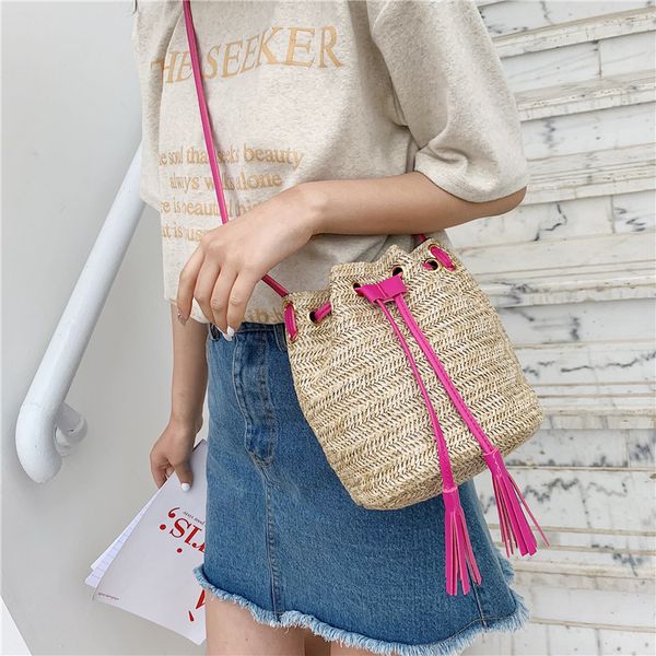 

vintage drawstring beach straw shoulder bucket bags womens handbags and purses cross body solid high capacity bags 2020