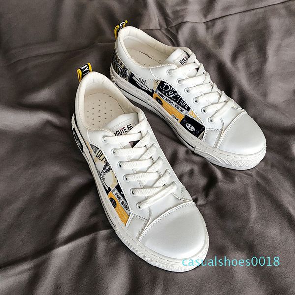 

men summer hip-pop plimsolls fashion pu casual shoes fall school 50% teen graffiti skate sneakers faux leather doodle board shoes, Black