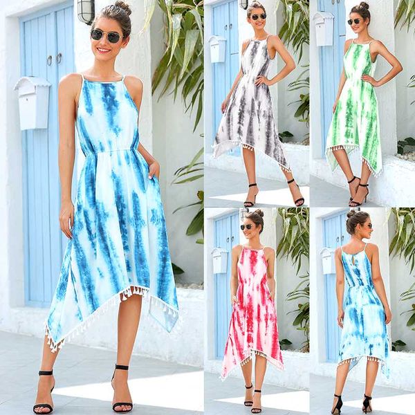 

summer 2020 beach dress sleeveless tassel irregular long dress spaghetti strap off shoulder women boho loose vestidos, Black;gray