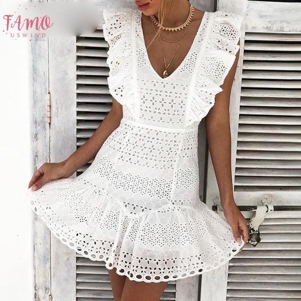 

elegant cotton embroidery women summer dress ruffled high waist korean white dress vintage v neck party mini dress, Black;gray