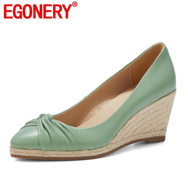

dress shoes egonery sheepskin leather wedge fashion spring pointed toe high heels women's straw waterproof platform bowtie pumps, Black
