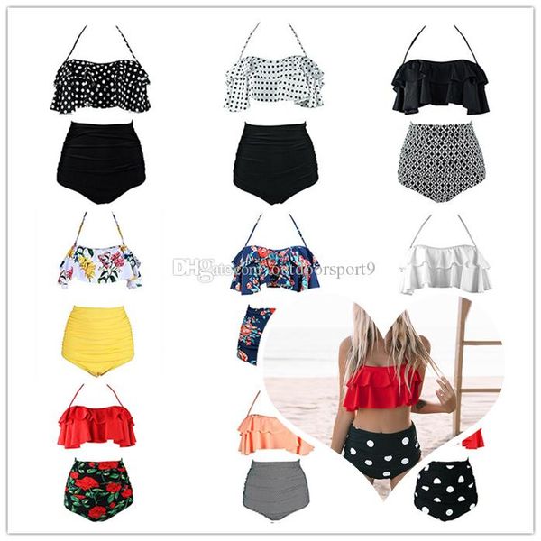 

off shoulder ruffle multi color split swimsuit crop two piece bathing suits swimwear retro middle waist bikini set s-xxl