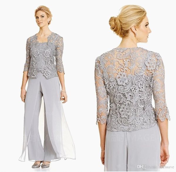 

elegant silver mother of the bride pant suits plus size groom mother evening party suit chiffon trousers outdoor lace wedding guest with jac, Black;red