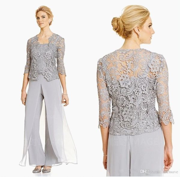 Elegante argento madre della sposa pantalone abiti taglie forti sposo madre sera vestito da sera pantaloni in chiffon pizzo all'aperto ospite di un matrimonio con giacca donna abbigliamento formale chic