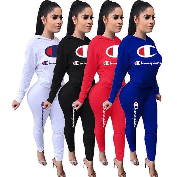 

champions women tracksuit s-3xl 2 piece set hoodies+pant outfits shirts leggings sportswear fall winter clothes pullover jogging suit 1126