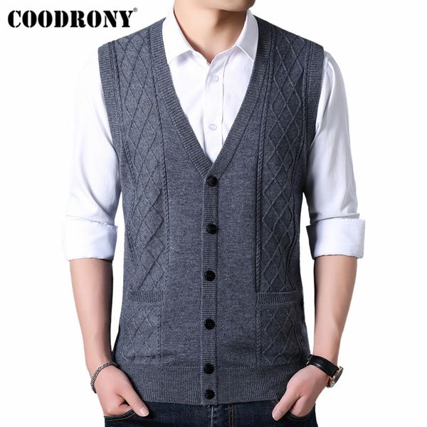 

coodrony sweater men autumn winter warm cashmere woolen cardigan men sleeveless v-neck cardigans sweaters coat with pocket 91023, White;black