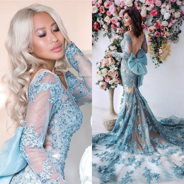 

чистый с длинным рукавом русалка вечерние платья спинки лук узел с кружевом аппликация формальные платья выпускного вечера сексуальное плать, Black;red