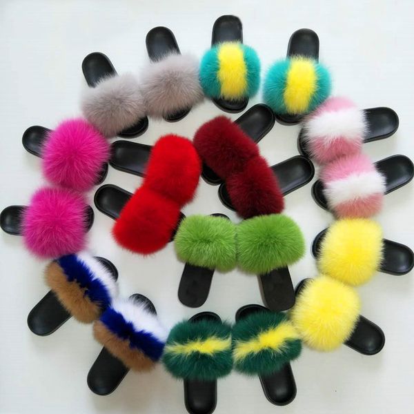 

real fox fur slippers fashion plush fur women slides drop shipping slippers indoor outdoor fluffy raccoon sandals flats woman, Black