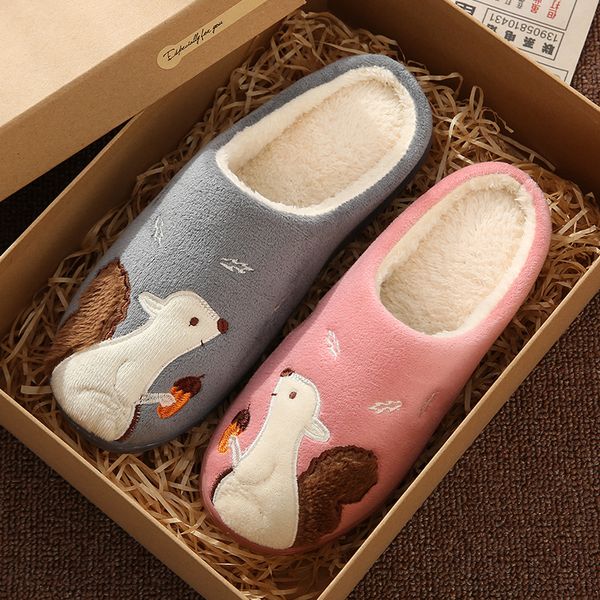 

cute squirrel women winter home slippers cartoon animal soft winter warm house shoes men women girl boys indoor bedroom slippers, Black