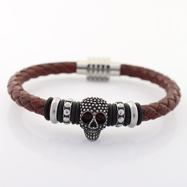 

6mm retro genuine leather bracelet never fade stainless steel skull charms beads bangles with magnet clasp bangles, Golden;silver