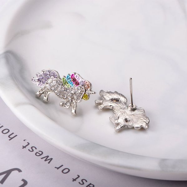 

new crystal unicorn horse earrings cartoon rainbow stud jewelry for women girls birthday gifts ing, Golden;silver