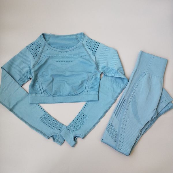 

2pcs women sport suit yoga set gym workout clothes long sleeve fitness crop + high waist energy