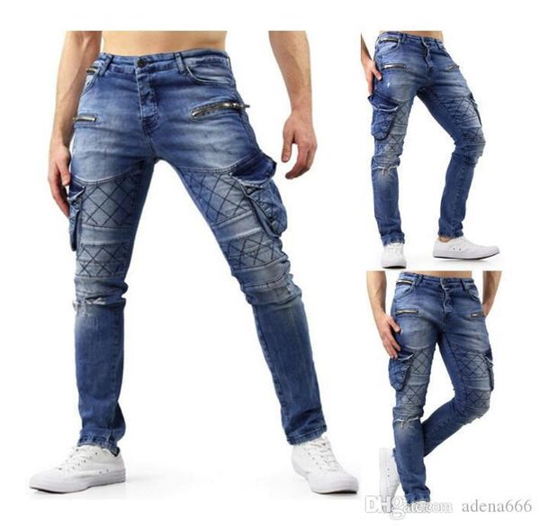 

мужские джинсы модный дизайнер мужские джинсы тонкий мотоцикл мото байкер причинно мужские джинсовые брюки хип-хоп мужские джинсы, Blue