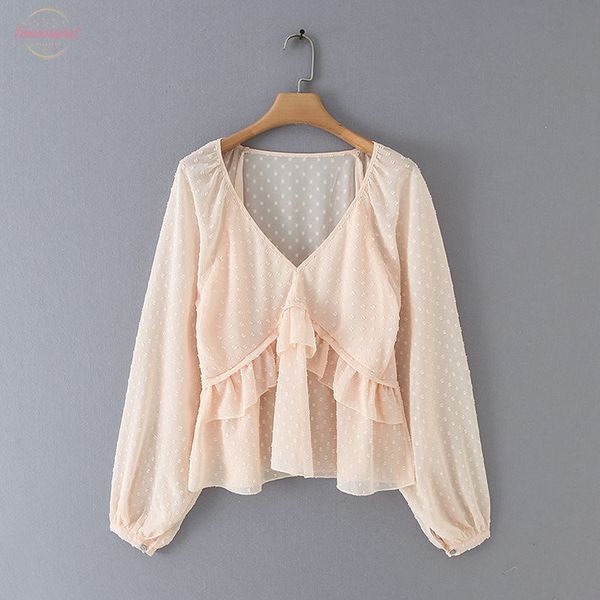 

new women v neck dots design cascading ruffles shirts blouses women lantern sleeve chiffon roupas femininas chemise shirt solid ls4157, White