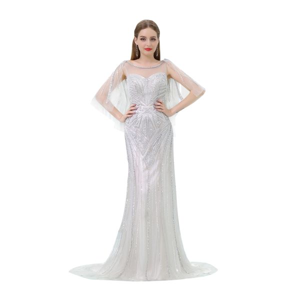 

mb014 super luxurious silver prom dresses 2019 major beading evening dress with cape sheath floor length evening gowns robe de soiree, Black;red