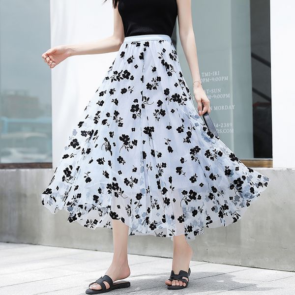 

floral flocking a-line tulle lace mesh skirt women midi long pleated woman skirts elastic high waist summer 2020 korean clothes, Black