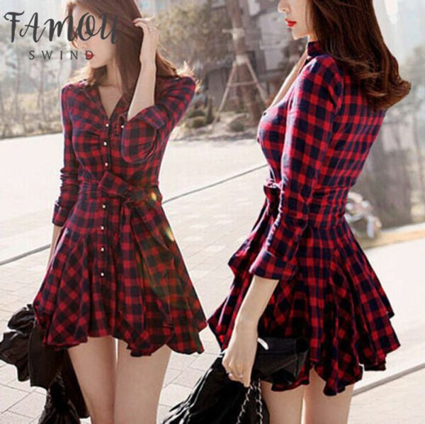 

women long sleeve chiffon button down blouse shirt casual loose mini dress women's plaid flannel belted button-down dresses, Black;gray
