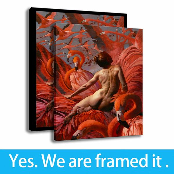 

julie bell painting room decoration flamingo hd print wall art canvas modern framed art - ready to hang - framed