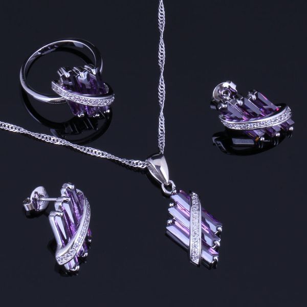 

fetching purple cubic zirconia white cz 925 sterling silver jewelry sets for women earrings pendant chain ring v0967