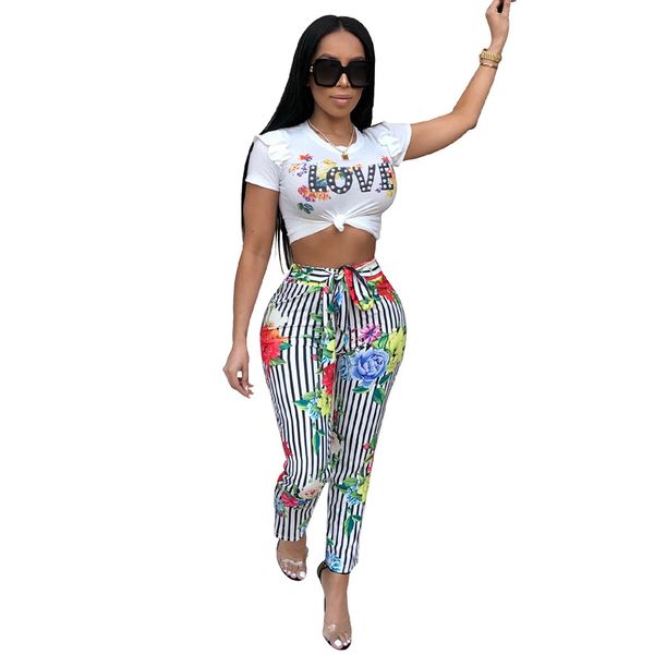 

women floral letter print two piece sets ladies crop short sleeve striped pants suits slim casual women clothes sets summer, White