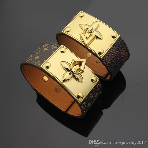 

wide geniune leather bracelet with clasp v shape titanium steel brown flower chram bracelet width 2.5cm gold bangle for women fine jewelry, Golden;silver