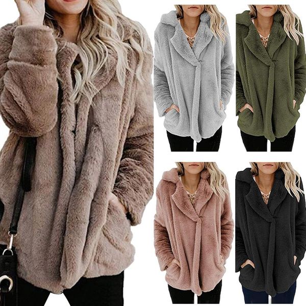 

casual women winter long sleeve lapel collar pockets double-side plush warm coat, Black