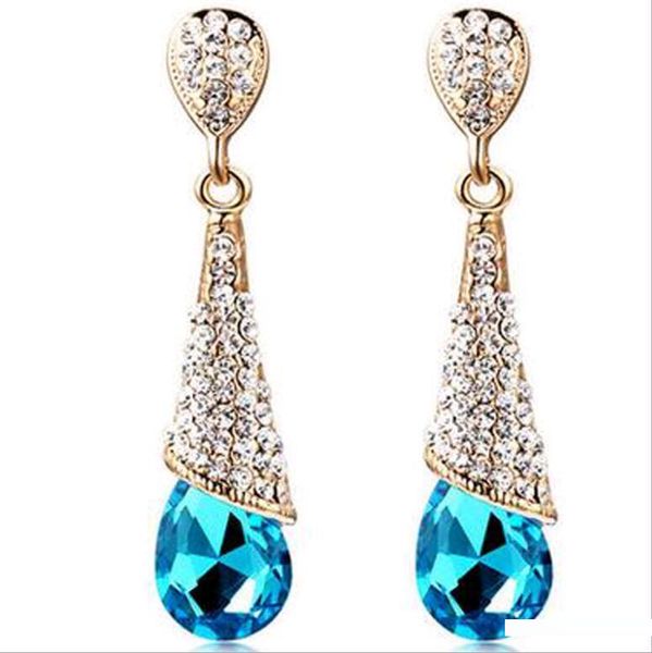 

fashion korean blue red crystal rhinestone waterdrop heart bridal stud dangle chandelier earrings for wedding engagement price, Silver