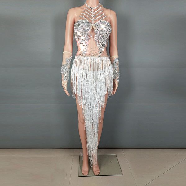 

stage glisten rhinestones bodysuit silver long tassel dance costume women birthday celebrate dance wear festival outfit dj, Black;red