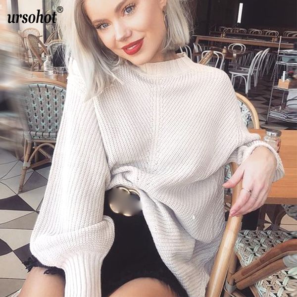 

ursoautumn turtleneck sweaters women invierno 2019 loose solid knitted sweaters women pullover lantern sleeve ladies jumpers, White;black