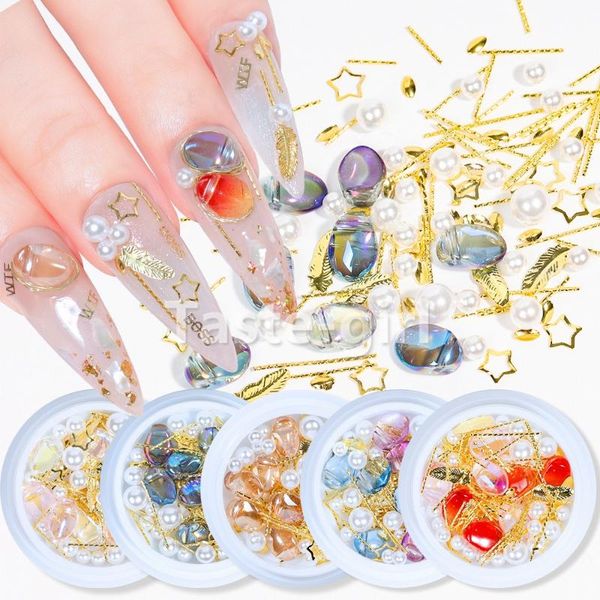 

mixed gold bar metal 3d nail art decorations pearl beads rhinestones bullion feather strass nails accessories gem manicure tool, Silver;gold