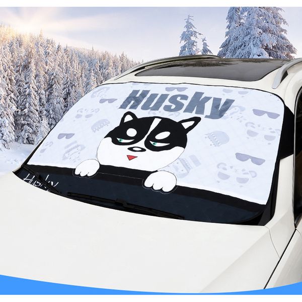 

1 pc car sunscreen cute husky thermal shading front windshield sun block snow shield winter summer curtain cartoon patterns 8