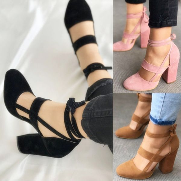 

2019 new whole slae fashion women high heel suede black pink red blue brown ankle strap thick heel sandals size 35-43
