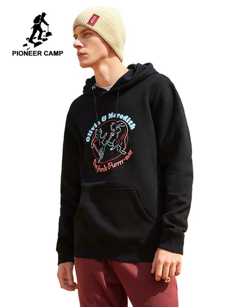 

pioneer camp 100% cotton winter hoodies men warm fleece fashion design printed hooded sweatshirts for men awy901494, Black