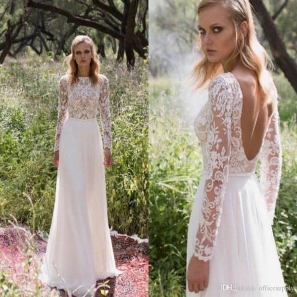 

2019 кружева пляжные свадебные платья винтаж совок с длинными рукавами спинки a-line свадебное платье шифон длинные свадебные платья страны, White