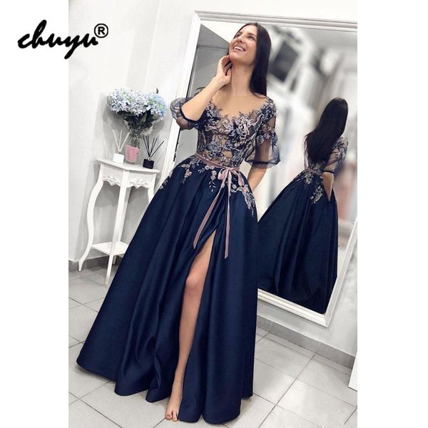 

navy blue muslim evening dresses appliques illusion satin slit islamic dubai saudi arabic evening gown prom dress, White;black
