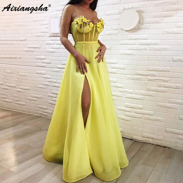 

yellow muslim evening dresses 2019 a-line sweetheart tulle slit flowers dubai saudi arabic long formal evening gown prom dress, White;black