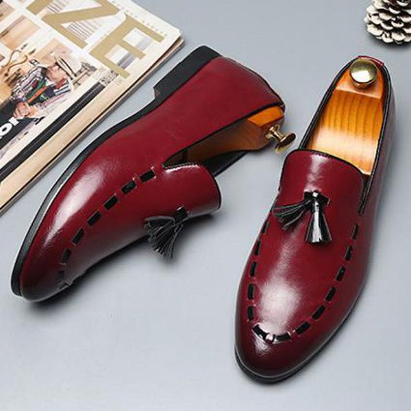 

37~48 plus size men fringed loafers formal dress shoes mens pointed toe slip on tassel loafer man designer italian leather shoes, Black