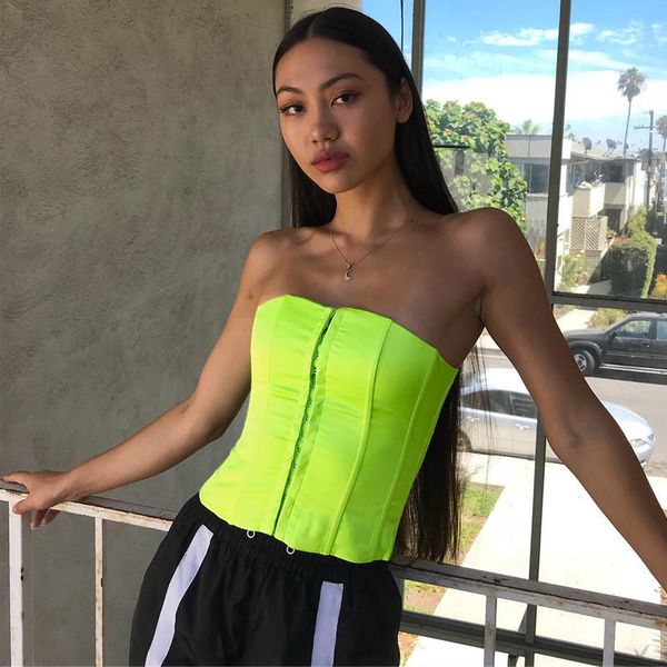 

crop neck slash neon green solid backless bandage tank 2019 spring women fashion new arrivals streetwear party, White