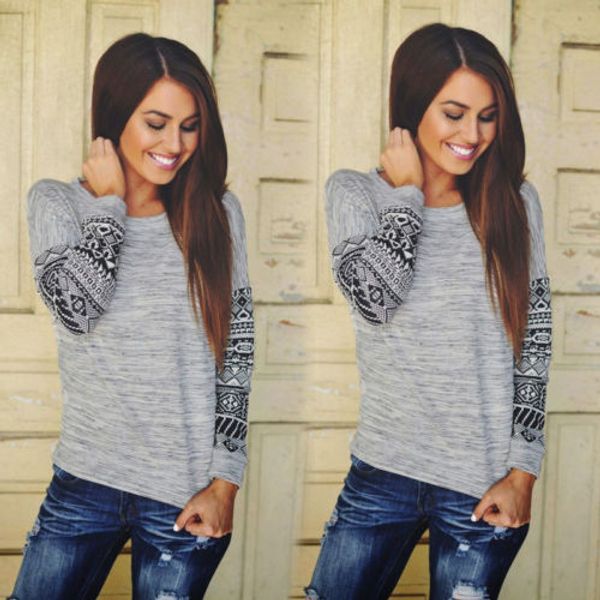 

women casual printing long sleeve bottoming shirt shirt ladies loose t-shirt gray