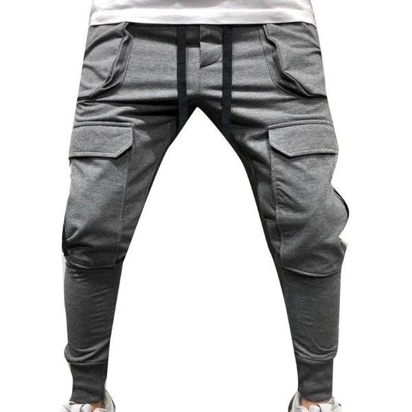 

sporty men solid color кулиской multi-карманы комбинезонов грузов лодыжке брюки tie брюки мужские с множеством карманов, Black