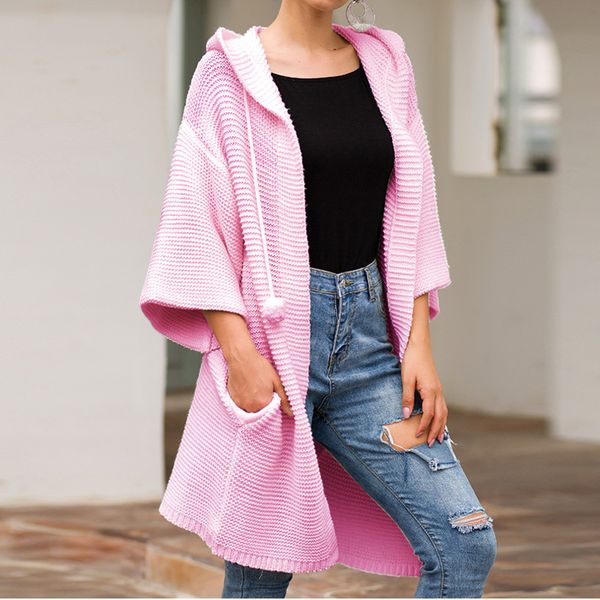 

autumn knitwear loose long cardigan women's sweater white pink cute hooded hair ball feminine coat winter jacket pocket mujer, Black