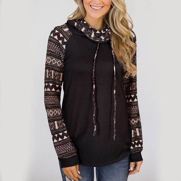 

women's hoodies & sweatshirts women patchwork fluffy home shirts fall sports joggings turtleneck splice print long sleeve sweatshirt t, Black