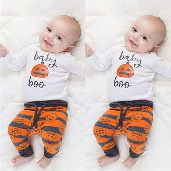 

newborn infant baby clothes boy girl halloween pumpkin romper stripe pants hat 2019 halloween costume for baby clothing set, White