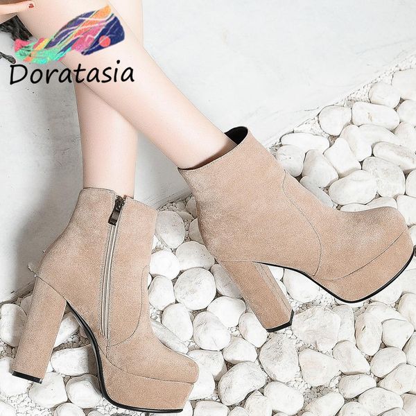 

women's big size 43 platform ankle boots women high heels platform party boots round toe autumn winter shoes, Black