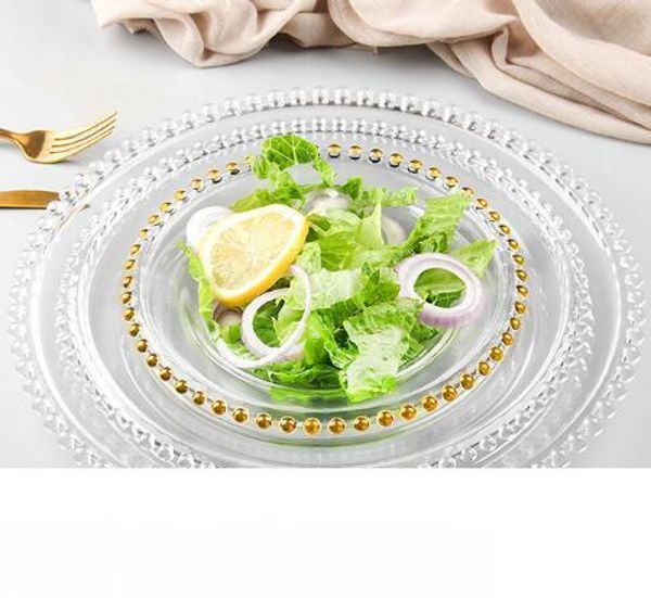 

27см круглая бусина посуда стеклянная тарелка с золотым серебряным прозрачным бисерным ободком круглый поднос для сервировки ужина украшение