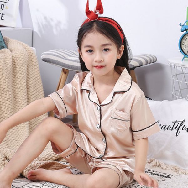 

2020 summer boys silk pajamas short sleeve children's clothing girl sleepwear sets pajamas suit girls pyjamas sets for kids, Blue;red