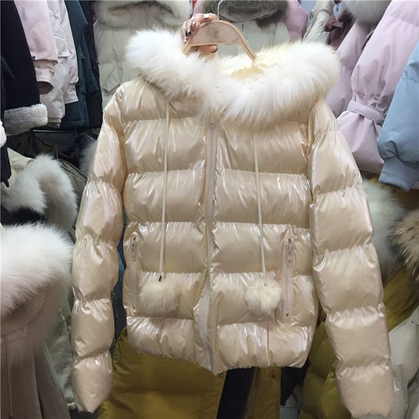 

2019 new winter women's coat glossy jacket real fur collar hooded thick slim-fit cotton padded female coat manteau femme, Black