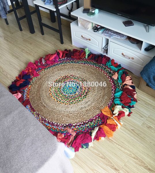 

2019 new southeast asia style round carpet natural jute carpet diameter 120cm rainbow hand-made kids room
