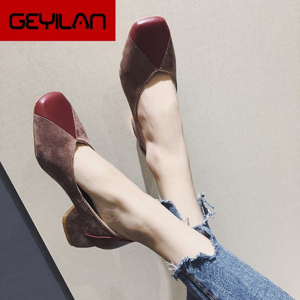 

women leather patchwork pumps retro square toe mid chunky heel slip on spring autumn office lady shoes 4.5 cm, Black